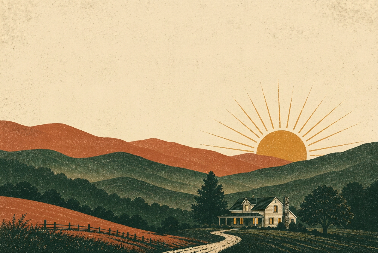 Illustration of rolling hills at dusk with a small house glowing amber in the valley